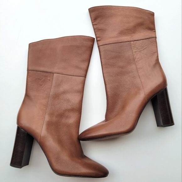 J Crew Leather Mid-Calf Stacked Anya Boot in Cognac Brown Size 8.5 - Picture 1 of 9